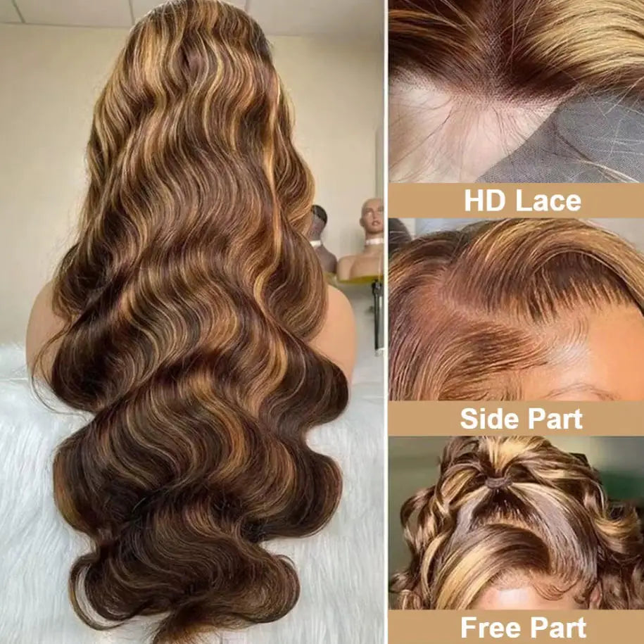 30 Inch Honey Blonde Ombre Lace Front Wig Human Hair 13x4 HD Lace Front Wig 4/27 Highlight Ombre Body Wave Lace Frontal Glueless