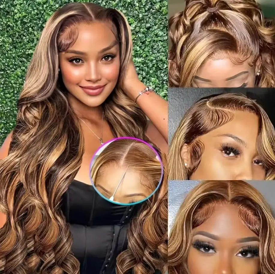 30 Inch Honey Blonde Ombre Lace Front Wig Human Hair 13x4 HD Lace Front Wig 4/27 Highlight Ombre Body Wave Lace Frontal Glueless