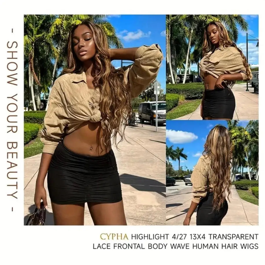 30 Inch Honey Blonde Ombre Lace Front Wig Human Hair 13x4 HD Lace Front Wig 4/27 Highlight Ombre Body Wave Lace Frontal Glueless