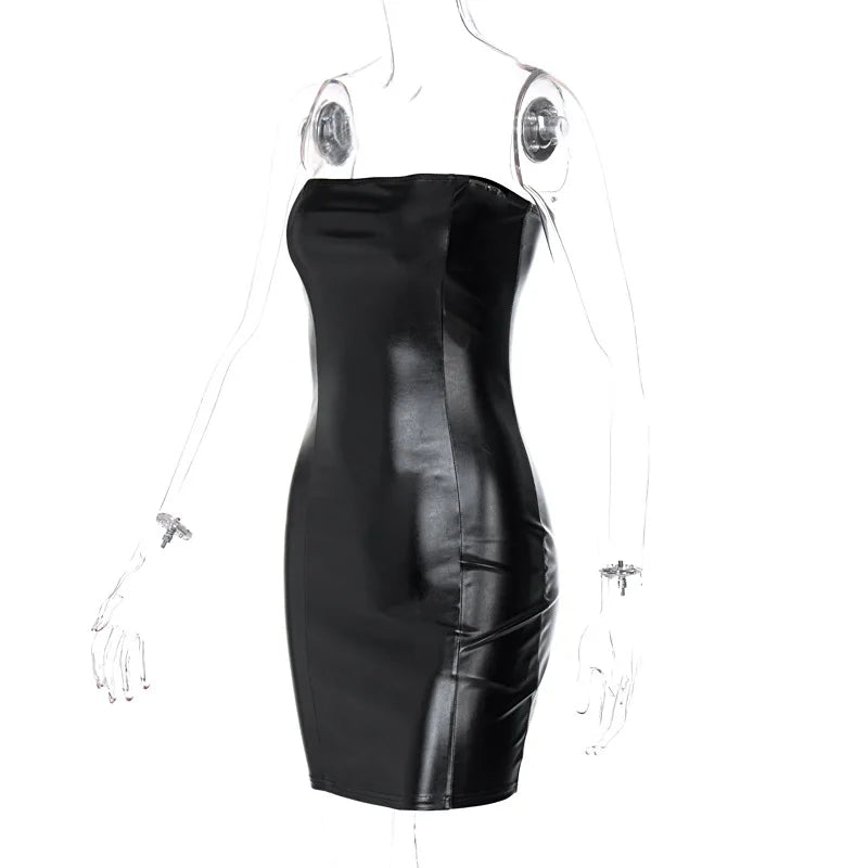 Women Summer Sexy Strapless Bodycon Pu Leather  Black Mini