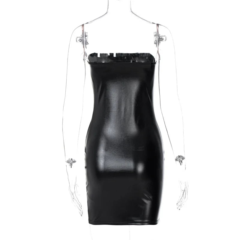 Women Summer Sexy Strapless Bodycon Pu Leather  Black Mini