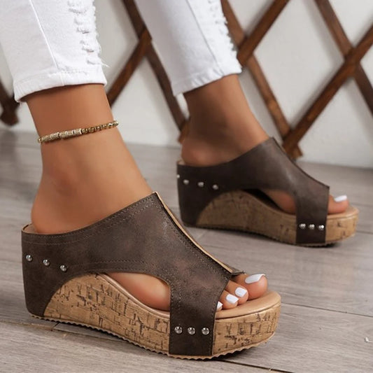 Women Summer Wedge Shoes Retro Women's Sandals Elegant Soft Heeled Sandals