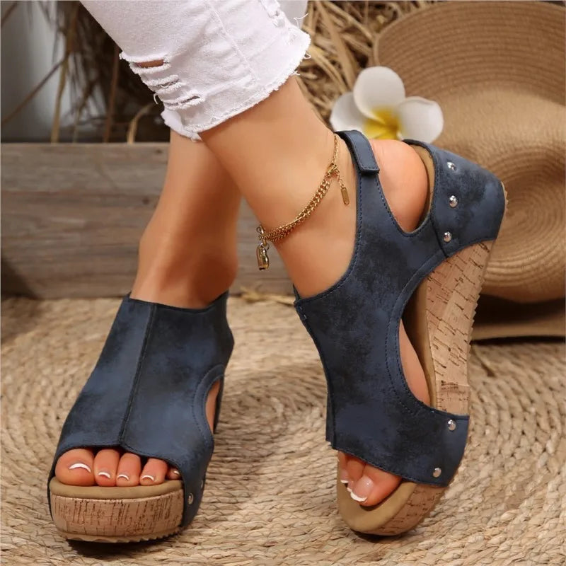 Women Summer Wedge Shoes Retro Women's Sandals Elegant Soft Heeled Sandals