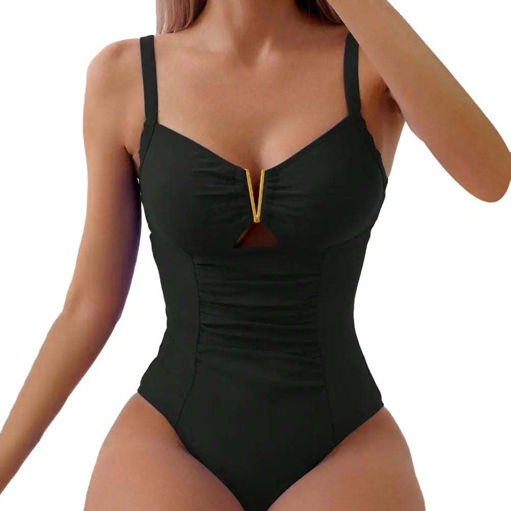 V-neck One-piece Bikini Stylish V-neck One-piece Swimsuit for Women Pleated Monokini Beachwear with Quick-drying Fabric Solid