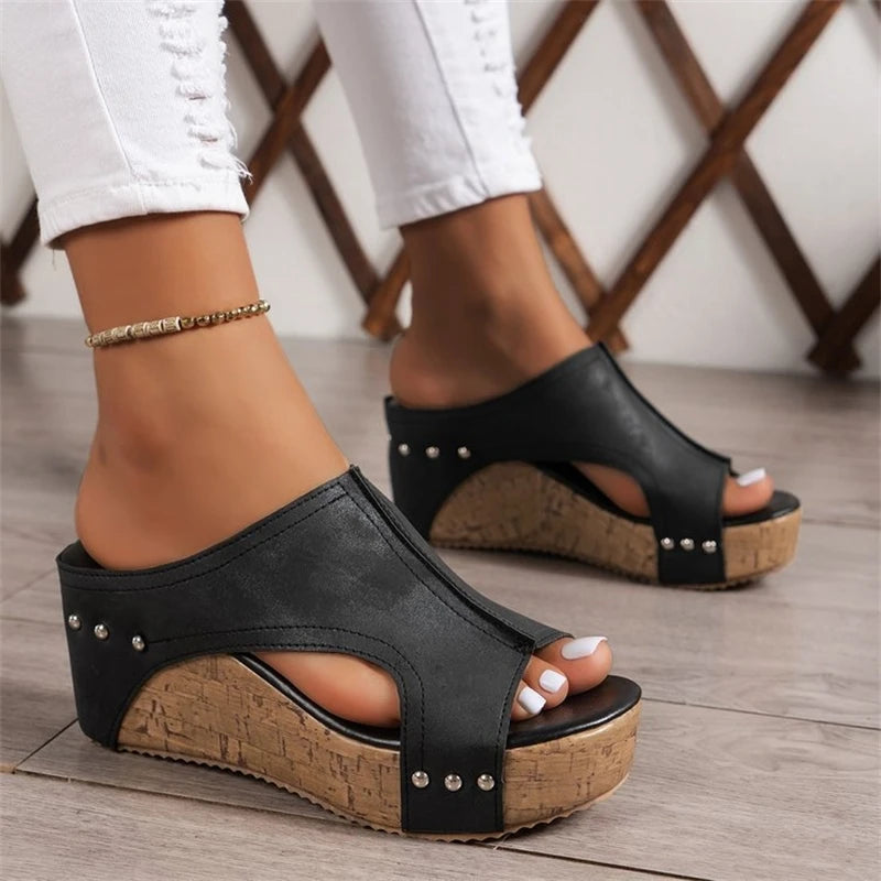 Women Summer Wedge Shoes Retro Women's Sandals Elegant Soft Heeled Sandals