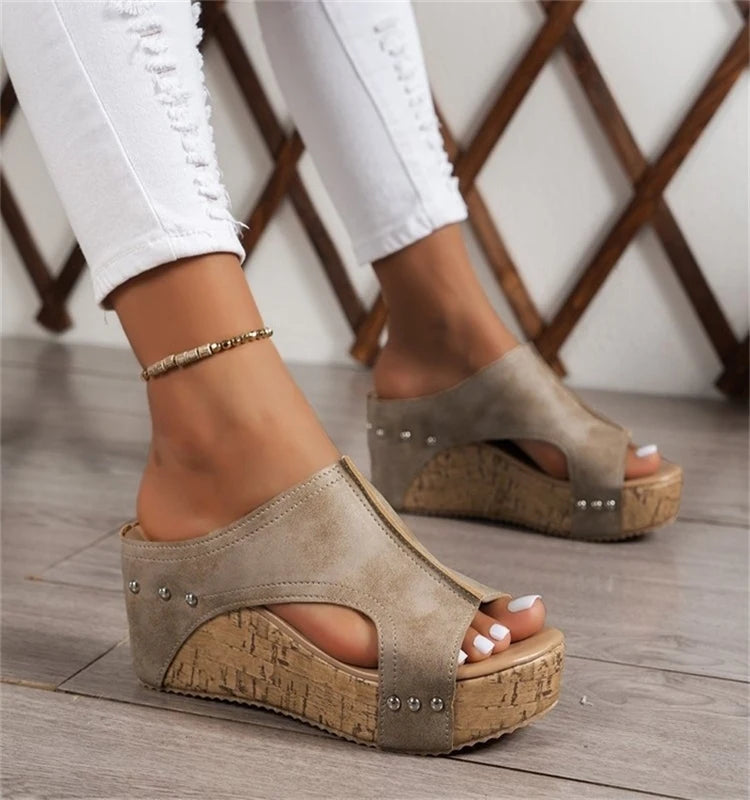 Women Summer Wedge Shoes Retro Women's Sandals Elegant Soft Heeled Sandals