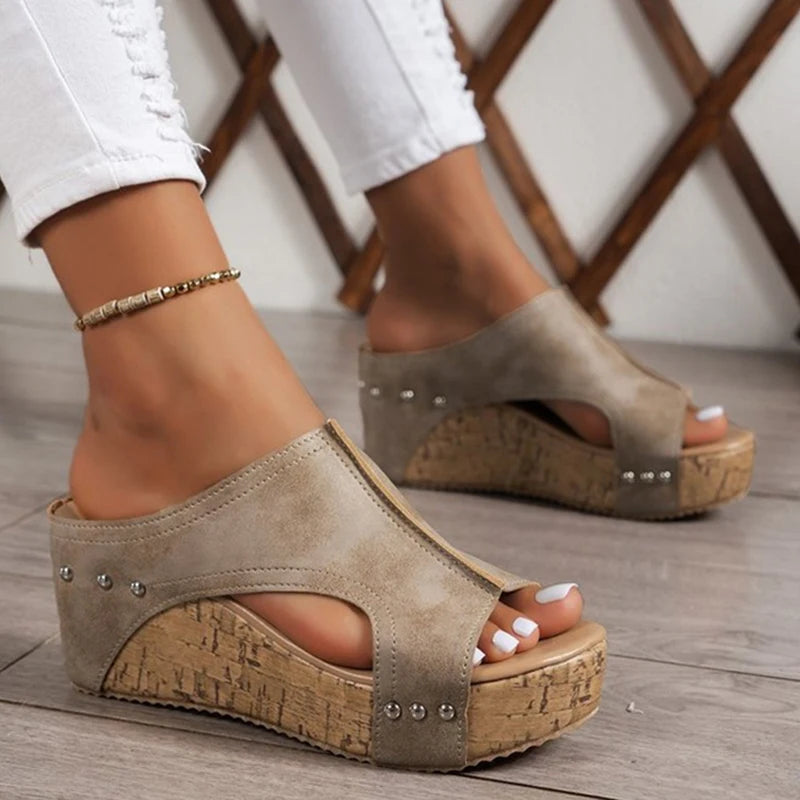 Women Summer Wedge Shoes Retro Women's Sandals Elegant Soft Heeled Sandals