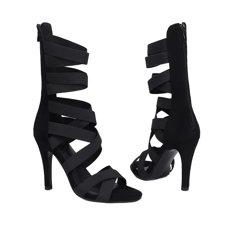 Women Boots Black Suede Sole Dance Shoes Party Mesh Custom Thin Heel Sandals