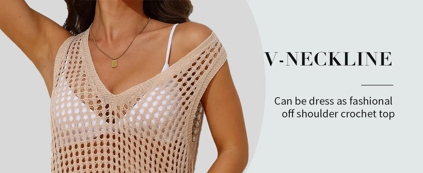 Women Beach Cover Up Crochet Sexy Deep V-Neck Side Slit Sleevesless Hollow Out Dress Knitted Fashion Cover Up