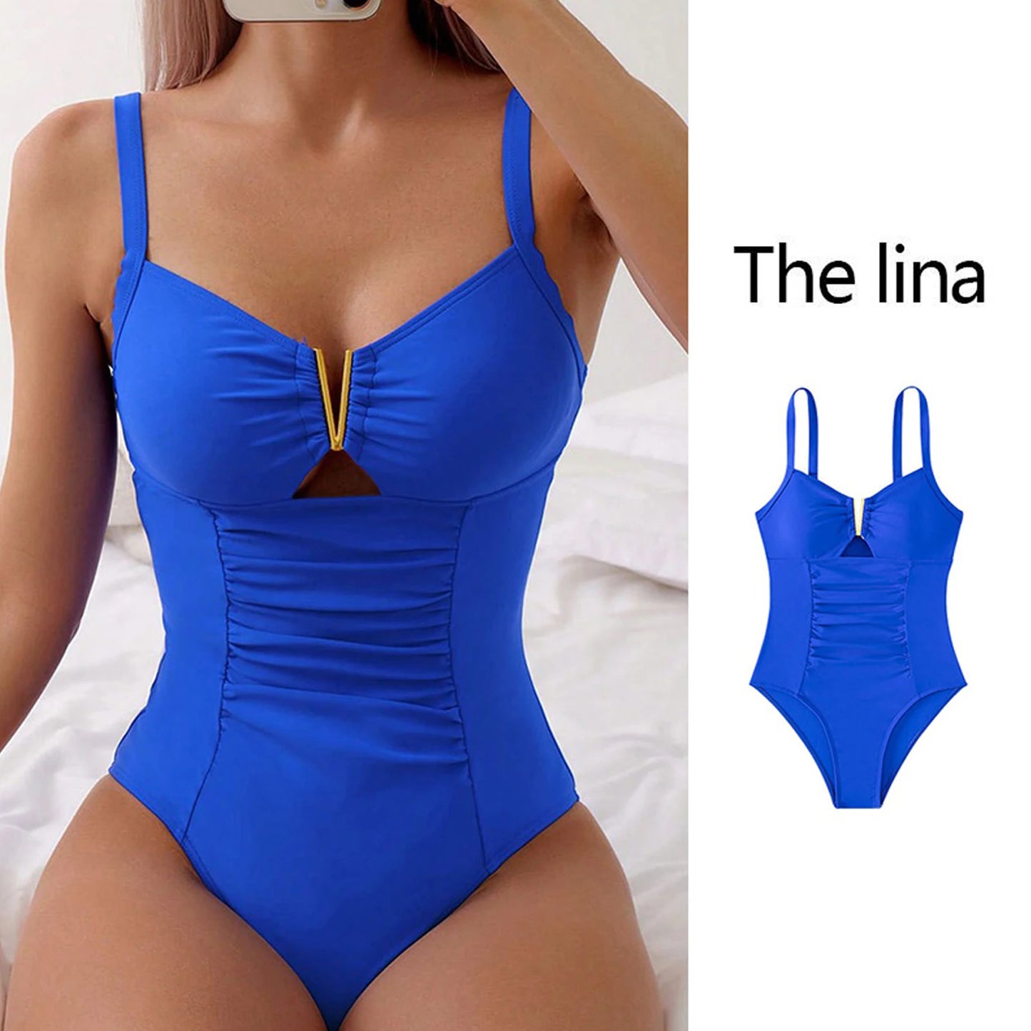 V-neck One-piece Bikini Stylish V-neck One-piece Swimsuit for Women Pleated Monokini Beachwear with Quick-drying Fabric Solid