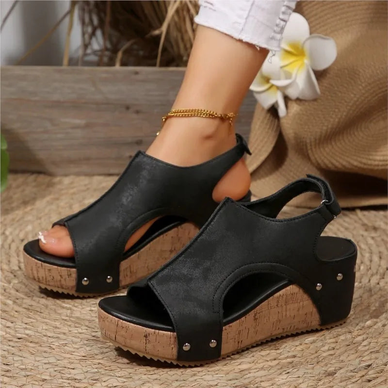 Women Summer Wedge Shoes Retro Women's Sandals Elegant Soft Heeled Sandals