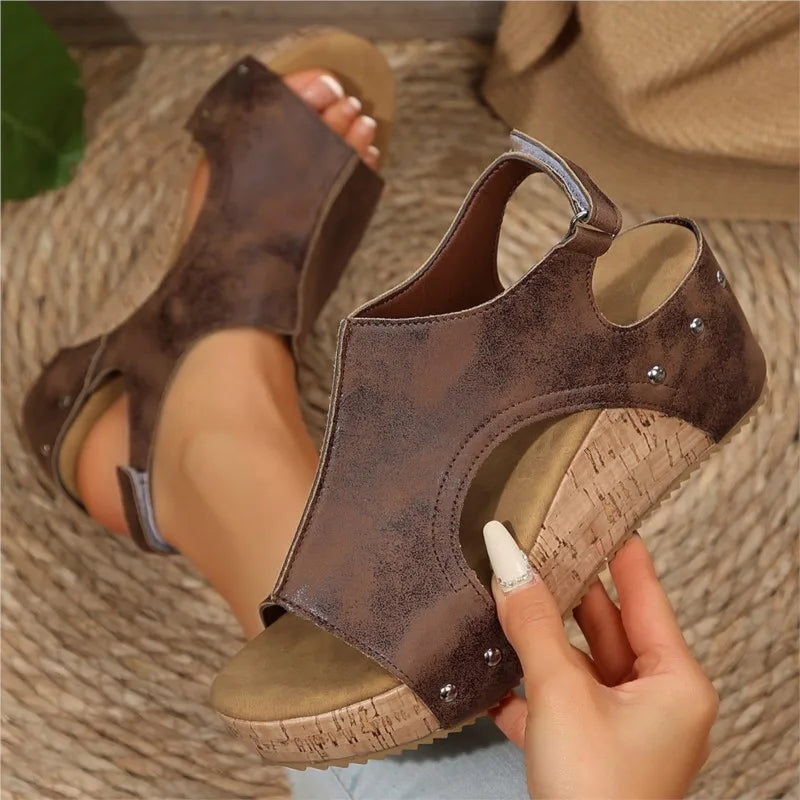 Women Summer Wedge Shoes Retro Women's Sandals Elegant Soft Heeled Sandals
