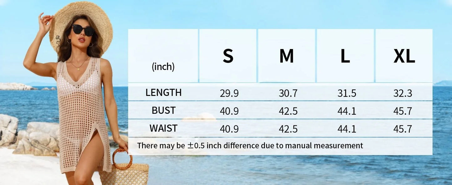 Women Beach Cover Up Crochet Sexy Deep V-Neck Side Slit Sleevesless Hollow Out Dress Knitted Fashion Cover Up