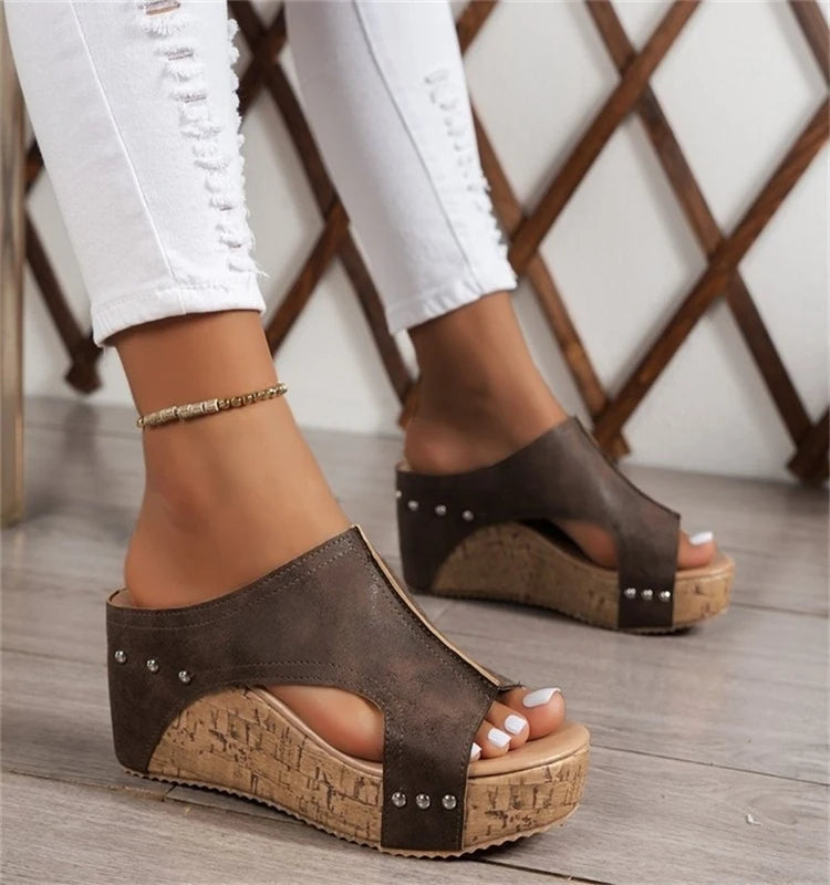 Women Summer Wedge Shoes Retro Women's Sandals Elegant Soft Heeled Sandals
