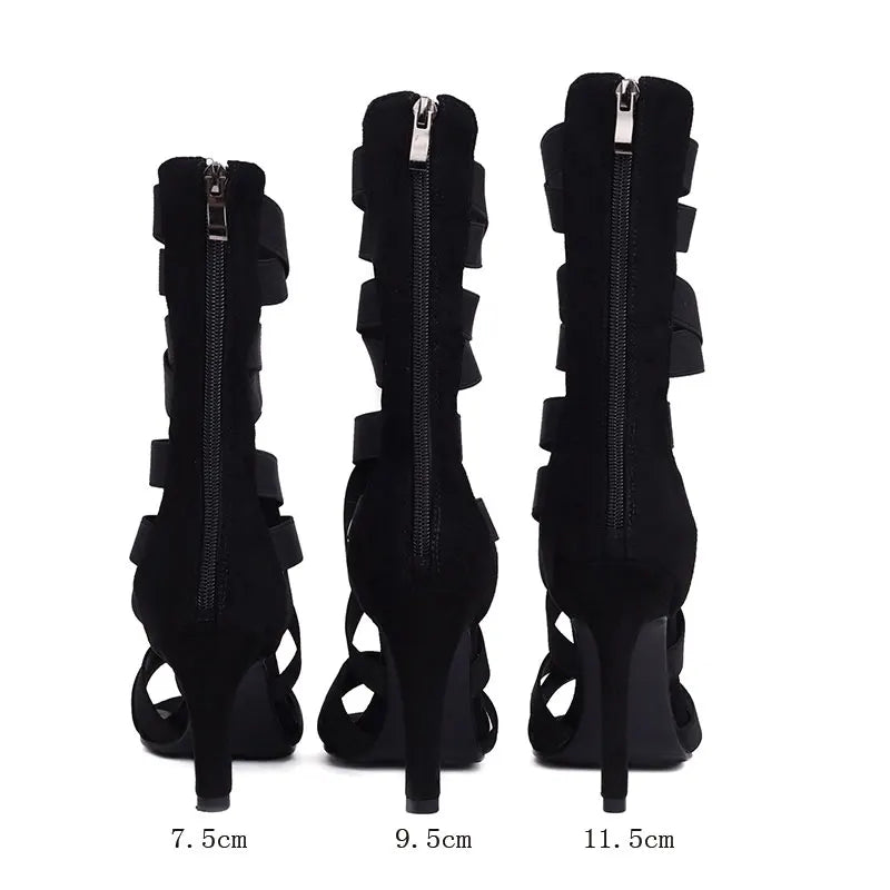 Women Boots Black Suede Sole Dance Shoes Party Mesh Custom Thin Heel Sandals