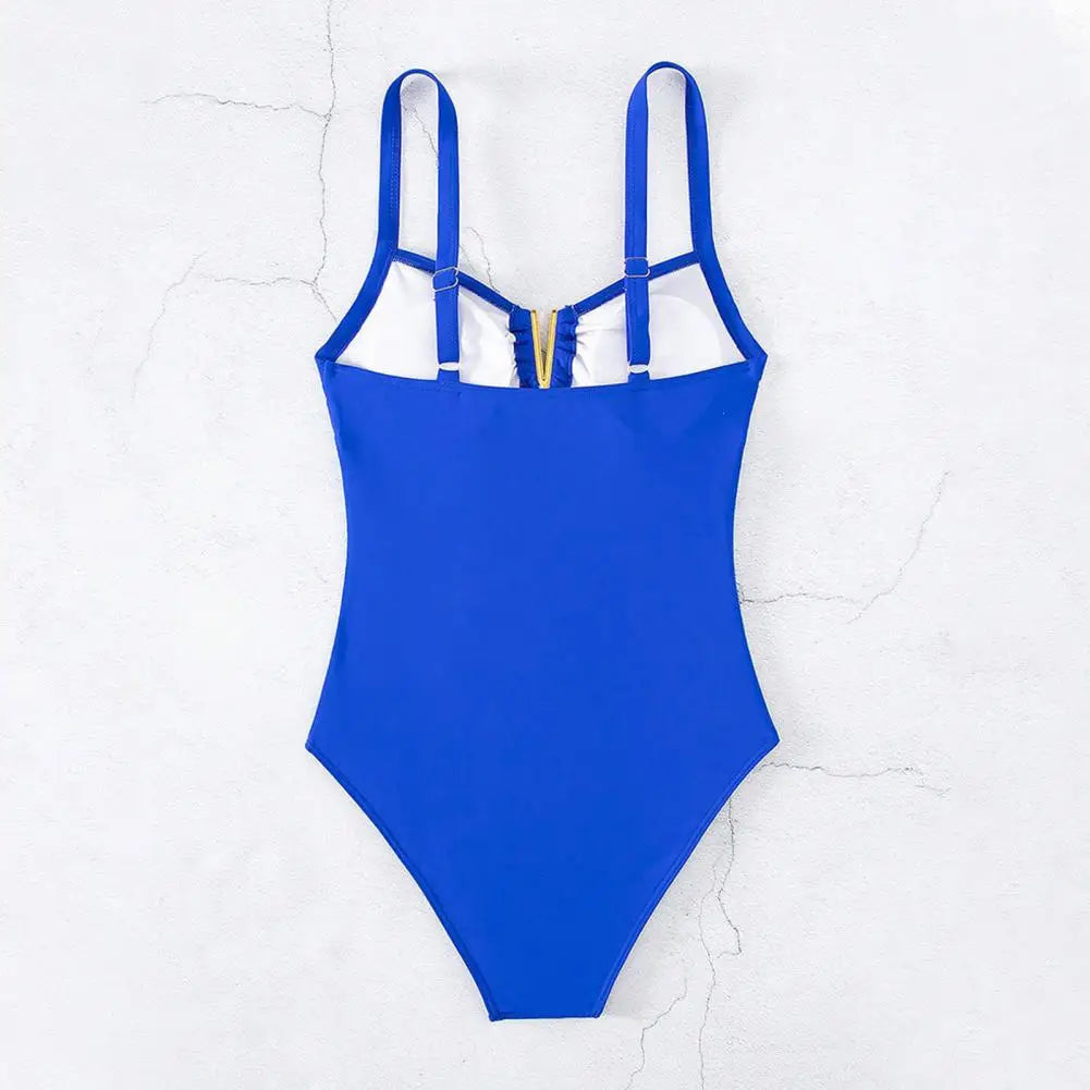 V-neck One-piece Bikini Stylish V-neck One-piece Swimsuit for Women Pleated Monokini Beachwear with Quick-drying Fabric Solid