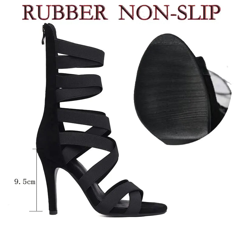 Women Boots Black Suede Sole Dance Shoes Party Mesh Custom Thin Heel Sandals