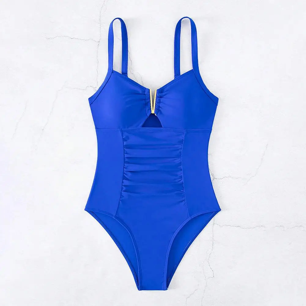 V-neck One-piece Bikini Stylish V-neck One-piece Swimsuit for Women Pleated Monokini Beachwear with Quick-drying Fabric Solid